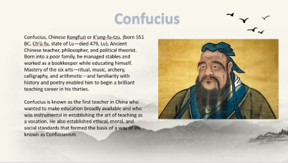 Introduction of ancient Chinese thinkers Confucius and Lao Tzu at the sharing meeting